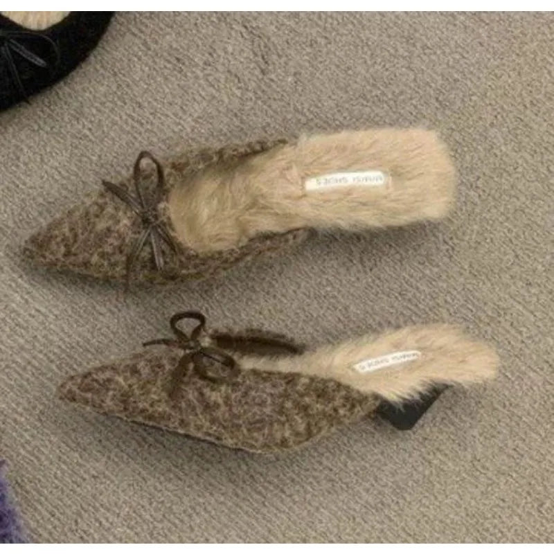 LBSFY -New High Heel Plush Slides Woman Fashion Elegant Pointed Toe Lamb Hair Slippers Ladies Luxury Plush Evening Party Pump Shoes