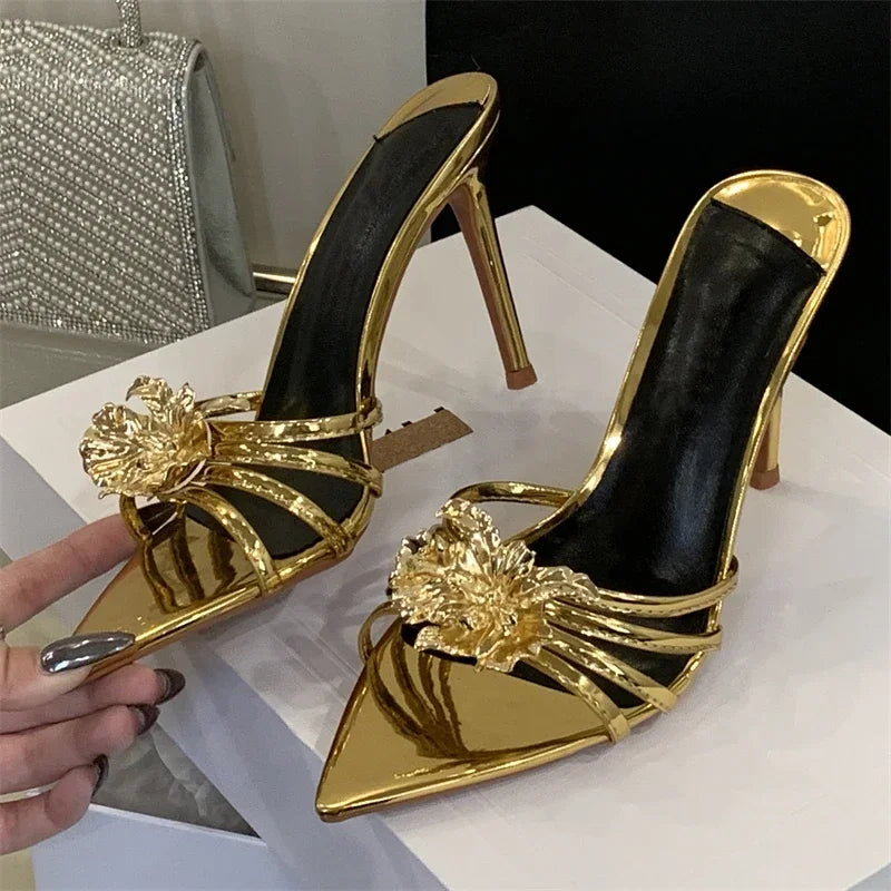 LBSFY -Summer Design Metal Flower Narrow Band Pointed Toe Women Slippers Thin Heels Party Prom Slide Shoes Zapatillas De Mujer
