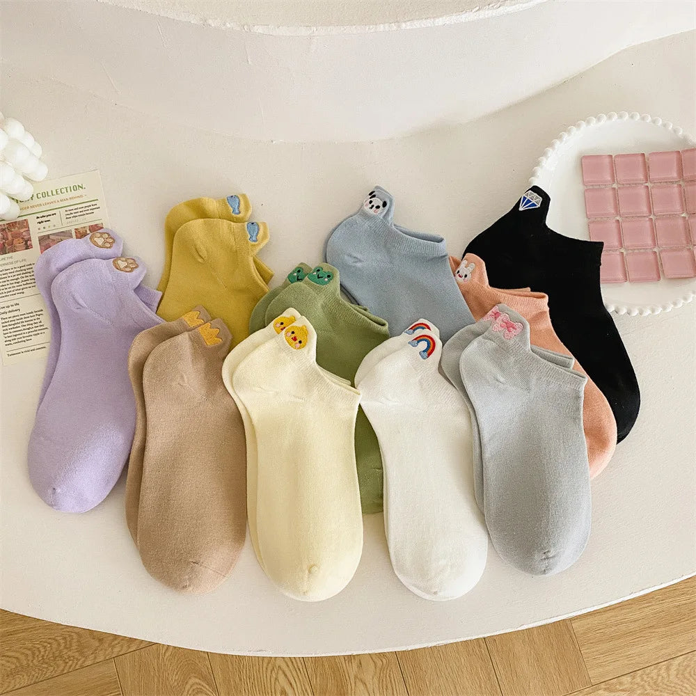 Lbsfy Women Socks Cotton Lady Cute Kawaii Candy Color Cartoon Animal Panda Rabbit Duck Rainbow Embroidery Invisible Low Cut Ankle Sock