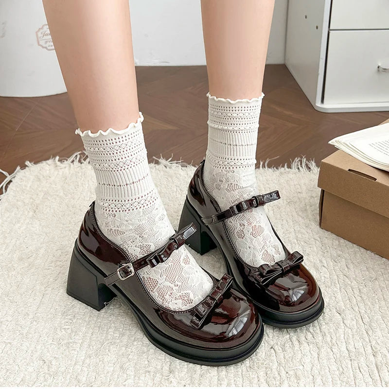 LBSFY -New Platform Thick Heel Women Mary Jane Shoes Fashion Butterfly-knot Dress Shoes Ladies Outdoor Leather Pumps
