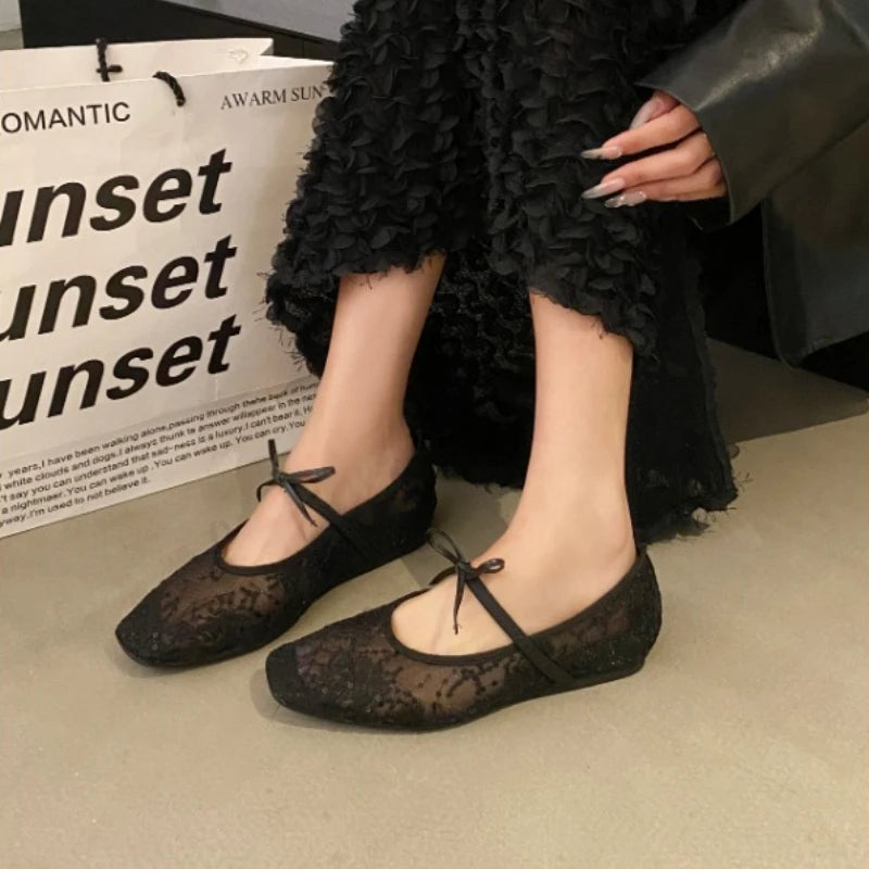 LBSFY -Mesh lace inner heightening women's shoes 2025 summer new sexy square head shallow breathable ballet shoes bow flat shoes