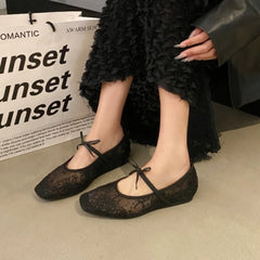 LBSFY -Mesh lace inner heightening women's shoes 2025 summer new sexy square head shallow breathable ballet shoes bow flat shoes