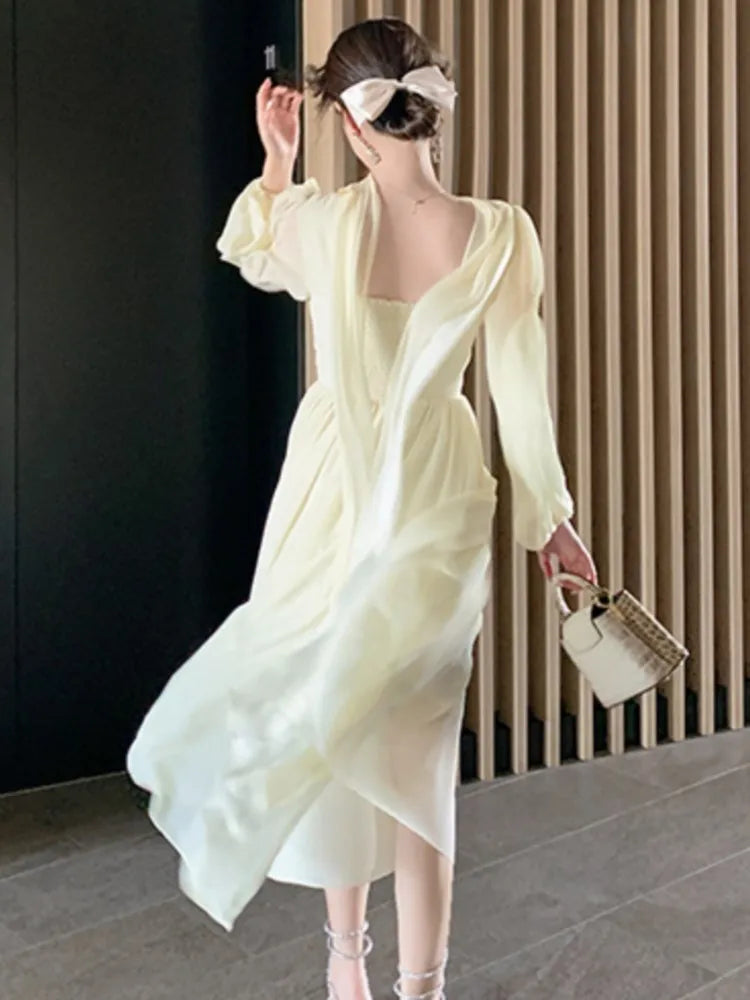 LBSFY -Elegant Long Sleeve Evening Dresses for Women Spring Slim Lace Up A-Line Party Prom Casual Dress Fashion French Female Clothing