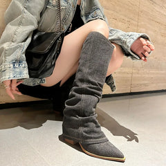 LBSFY  -   Women Blue Denim Jeans KneeHigh Boots Embroidery Sewing Trousers Pleated Boots Winter Ladies Pointy Toe Shoes