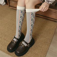 Lbsfy Japanese Kawaii Long Socks Stockings Women Ethnic Style Knee Socks Floral Embroidery Harajuku Vinage Girls Cute Socks Stockings