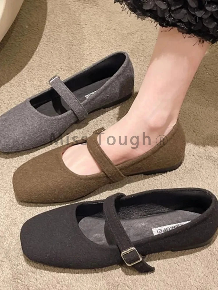 LBSFY  -  Solid Chic Women‘s Felt Mary Janes Shoes Square Toe Ballet Flats Female New Fashion Buckle Strap Ladies Shoes Spring Autumn