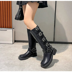 LBSFY  -  Ins style Fashion Metal Buckle Real Leather Women Motorcycle Boots Vintage Autumn Winter Gothic Platform Knee-high Boots Shoes