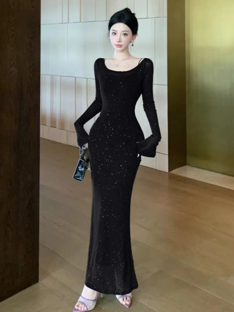 LBSFY -Women's Dress Suits Slash Neck Off Shoulder Spaghetti Straps Party Dresses +  Long Sleeve Bright Silk Mesh Smock Two Pieces Set