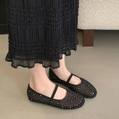 Lbsfy Summer 2025 Mesh Breathable Ballet Flats Ladies Comfort Mary Janes Shoes Women Fashion Rhinestones Soft Sole Footwear Female