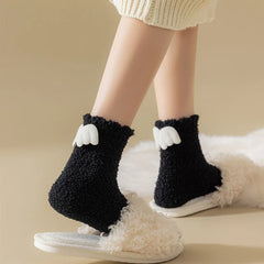 Lbsfy Wing Woman Sock Thicken Crew White Black Cotton Soft Coral Fleece Kawaii Cute Hosiery Autumn Winter Warm Casual Ladies Stockings