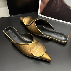 Lbsfy Women Slippers Designer Flat Sandals Summer Slides Non-slip Metallic Color Fashion Footwear Brand Pointed Toe Mules Ladies