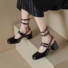 LBSFY  -  Women Gladiator Sandals Patent Leather Mary Janes Multi-buckle Slingback Shoes Thick Heels Silver Lady Sandal