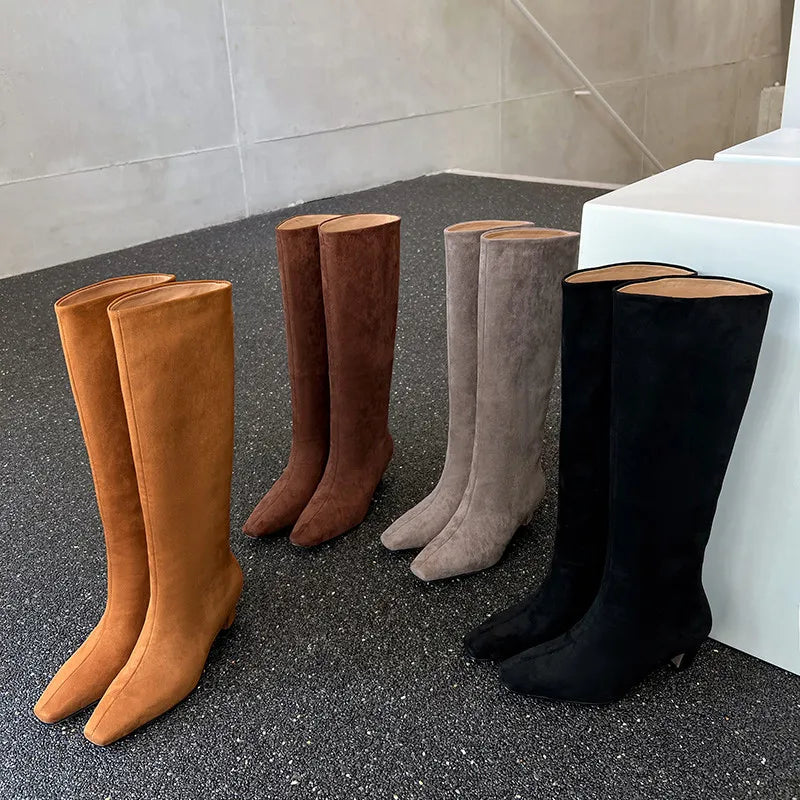 LBSFY  -  Fashion Knee High Boots Women New High-Quality Suede Square Toe Straight Leg High Heels Simple Commuter Long Boots