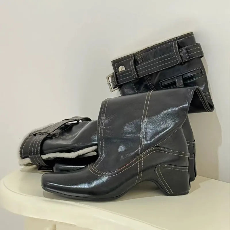 LBSFY  -   Fashion Autumn Winter Leather Warm Fur Belt Buckle Women Mid-calf Boots Vintage Sewing High heels Western Cowboy Knight Boots