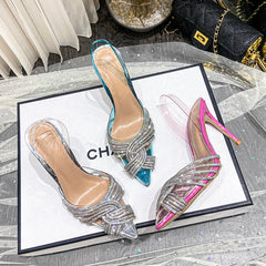 LBSFY  -  2024 Summer New Transparent Cross Sparkling Water Diamond Pointed Thin Heel Baotou High Heel Sandals