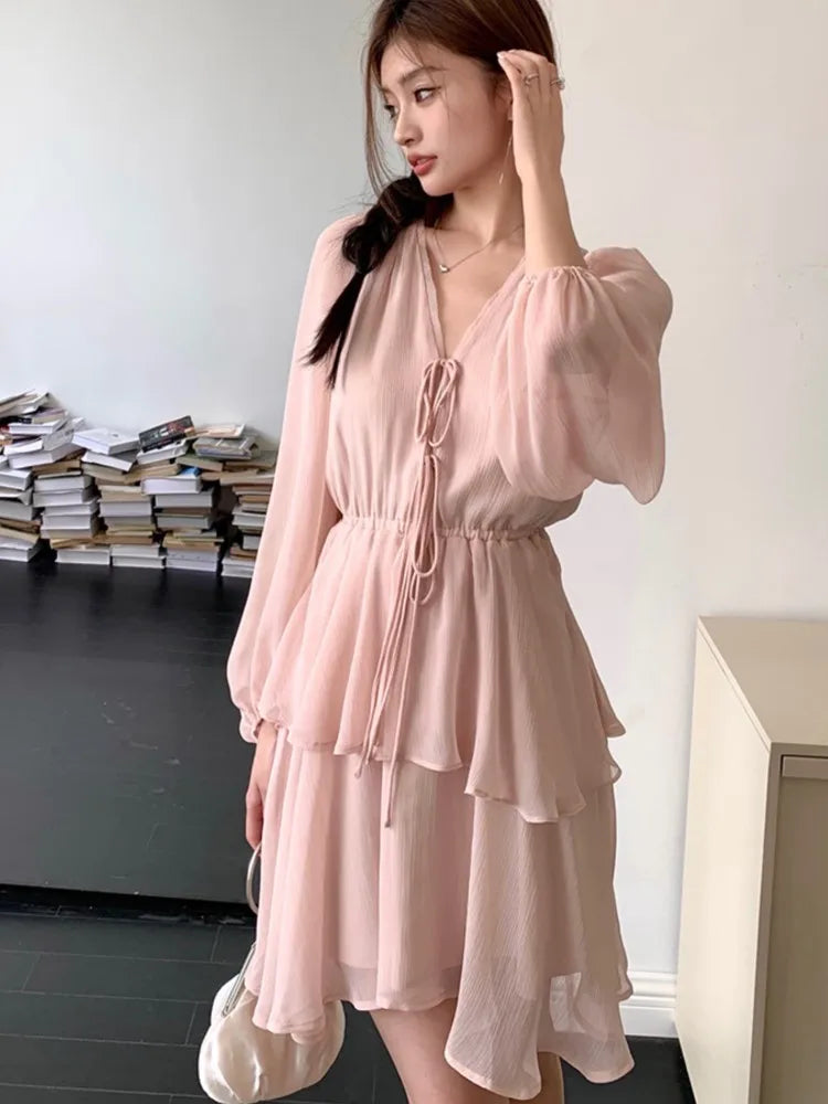 LBSFY -Elegant Fairy Casual Korean Style Women's Dresses New V-Neck Lace-up Long Lantern Sleeve Ruffles Midi Dress 2025 Holiday Vestido