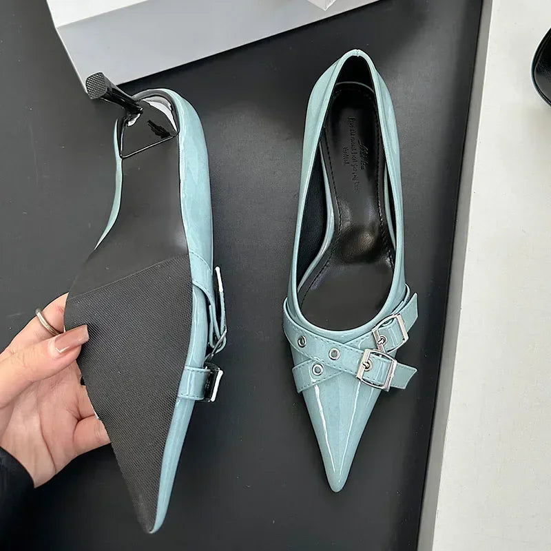 Lbsfy Elegant Patent Leather Metal Belt Buckle Designer Women Pumps Sexy Pointed Toe Thin High Heels High Quality Mary Jane Mules Shoe