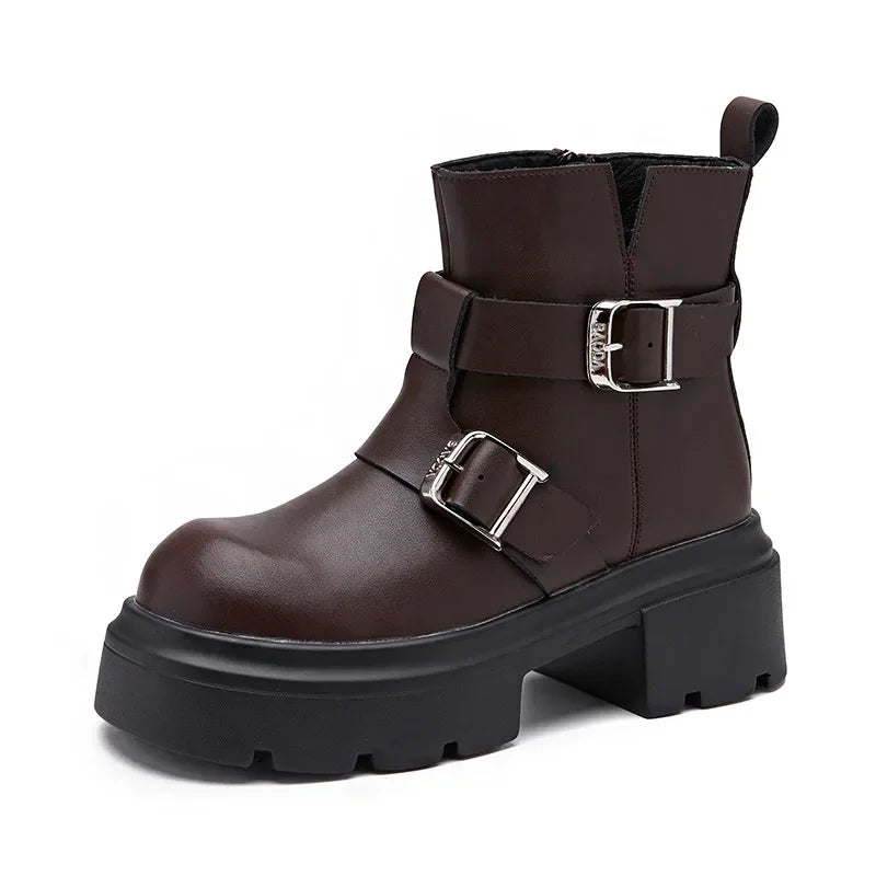 LBSFY  -  British Cow Leather Metal Buckle Women's Ankle Boots Designer Casual Shoes for Women Fashion Spring Autumn Platform Boots Female