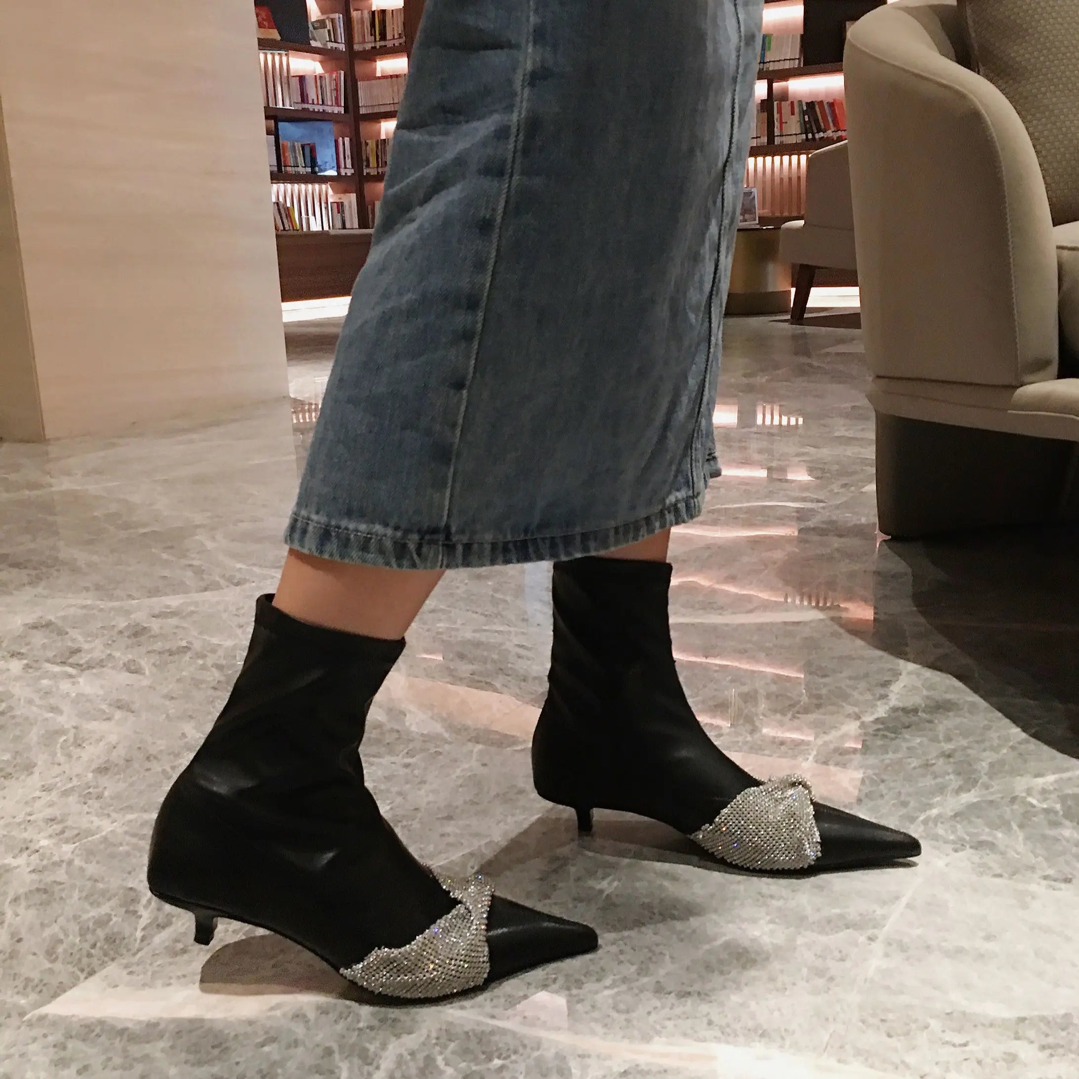 LBSFY  -  Pointed Toe Women Sock Booties 2024 New Arrivals Rhinestone Bow Slip On Ankle Boots Stretch Botas Thin Mid Heels Black Blue Pump