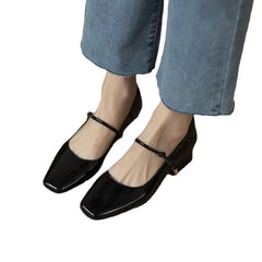 LBSFY -Elegant High Heels French Dress Party Shoes for Woman Platform Patent Leather Mary Jane Burgundy Black Square Toe Mid-heel Pumps