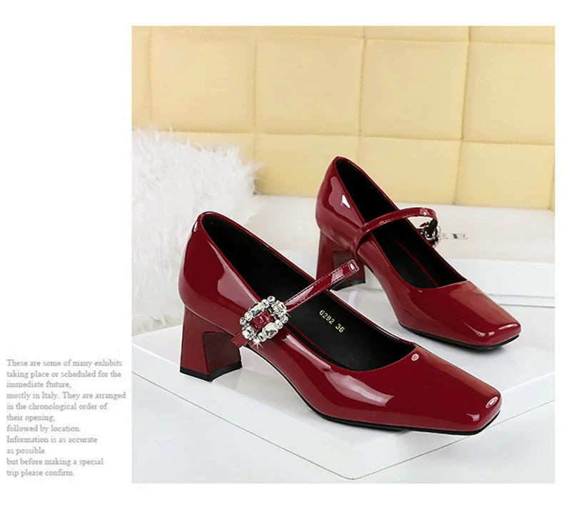 LBSFY -Banquet Mary Jane Women Single Shoes Square Toe Light Mouth Patent Leather One-Striped Rhinestone Buckle Thick Heel Medium Heel