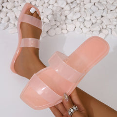 LBSFY -Candy Colored Jelly Slippers Transparent Square Toe Flip Flops for Women Open Toe Flat Casual Women Slides Beach Shoes