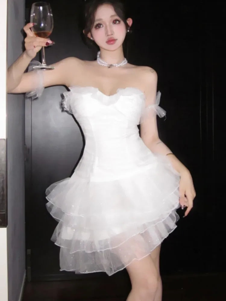LBSFY -French Elegant White Mini Women's Cake Dresses Slash-Neck Strapless Mesh Sexy Dress Prom Female Clothes New Spring Summer 2025