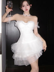 LBSFY -French Elegant White Mini Women's Cake Dresses Slash-Neck Strapless Mesh Sexy Dress Prom Female Clothes New Spring Summer 2025