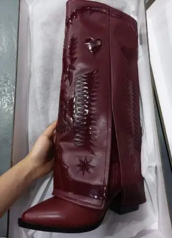 LBSFY  -  Burgundy White Brown Mixed Color Leather Eagle Star Heart Print Pointed Toe Square Med Heels Knee High Pants Boots Women Shoes