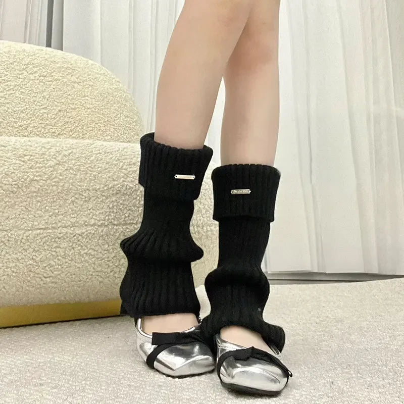 Lbsfy Metal Label Leg Warmers Knitted Women Calf Socks Solid Color Vintage Winter Y2K Japanese Harajuku Pile Long Socks Leg Covers