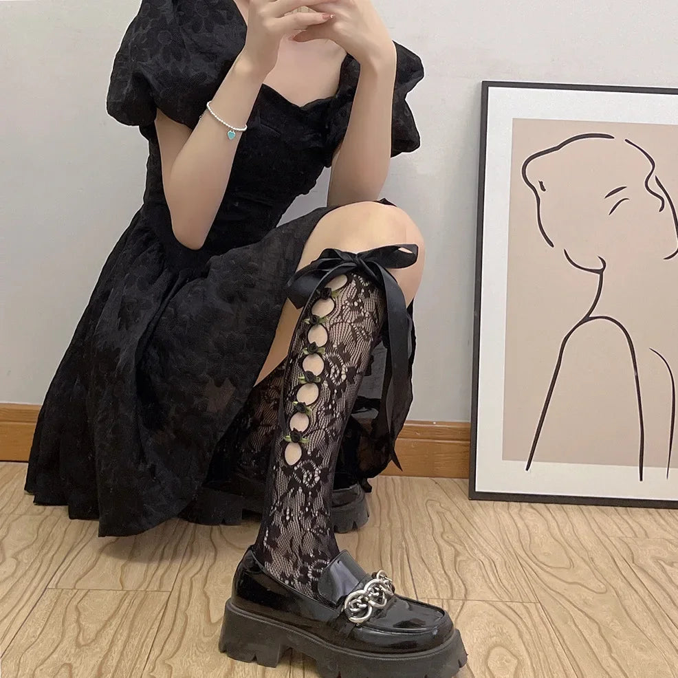 Lbsfy Cute Gothic Style Ruffles Hollow Bow JK Lolita Stockings Women Sexy Lace Mesh White Black Fishnet Knee High Long Socks Lingerie