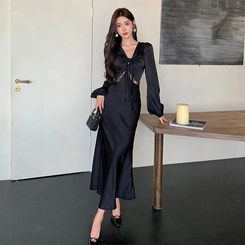LBSFY -Autumn Satin Long Dresses for Women Long Sleeve Slim Mermaid Dress Vintage Solid Wedding Party Prom Robe Lace Up Vestidos Mujer