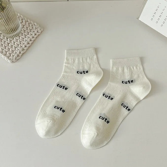 Lbsfy Women's Ankle Socks Spring Summer Black White Fashion Cute Kawaii Lolita Thin Cotton Mesh Breathable Low Tube Socks Calcetines