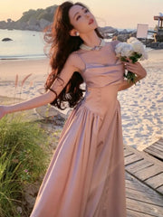 LBSFY -Women's Vintage Elegant Party Dresses Summer Fashion 2025 New Solid Pleated A-Line Slim Sling Dress French Beach Holiday Vestido