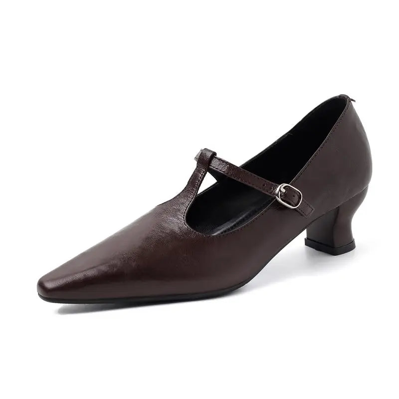 LBSFY  -  Size 34-43 New Genuine Leather Shoes Women Mary Janes Mid Heels Pointed Toe Black Brown Beige Ladies Party Dress Shoes