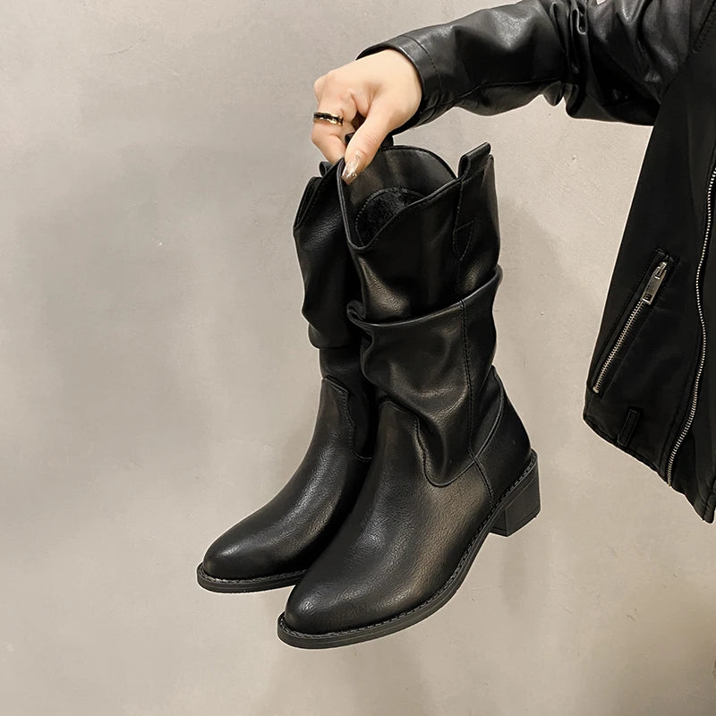 LBSFY -New Style Women's Boots Winter Casual Low Heel Non Slip Comfort Waterproof Pleated Leather Boots Cold Resistant Fashion Boots