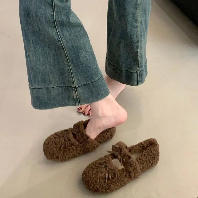 LBSFY -New Style Fashion Women's Shearling Ballet Flats with Strap Warm Rabbit Fur Plush Lined Crystal Buckle Mary Jane Flat Shoes