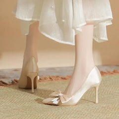 LBSFY  -  Size 30-44 Beige Bow High Heels Women Stiletto Heel Pointed Toe White Wedding Shoes Bow Point Toe Pumps
