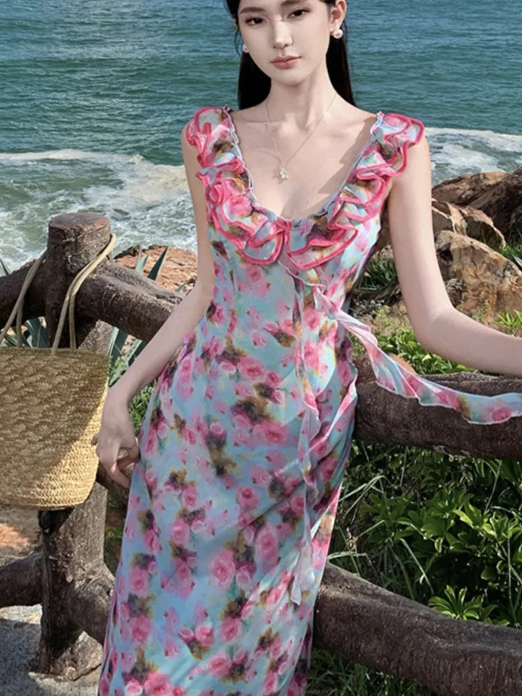 LBSFY -French Print Ruffles Princess Romantic Fairy Women's Dresses V-Neck Sleeeless Slim Waist Length Dress Beach Vacation Summer 2025