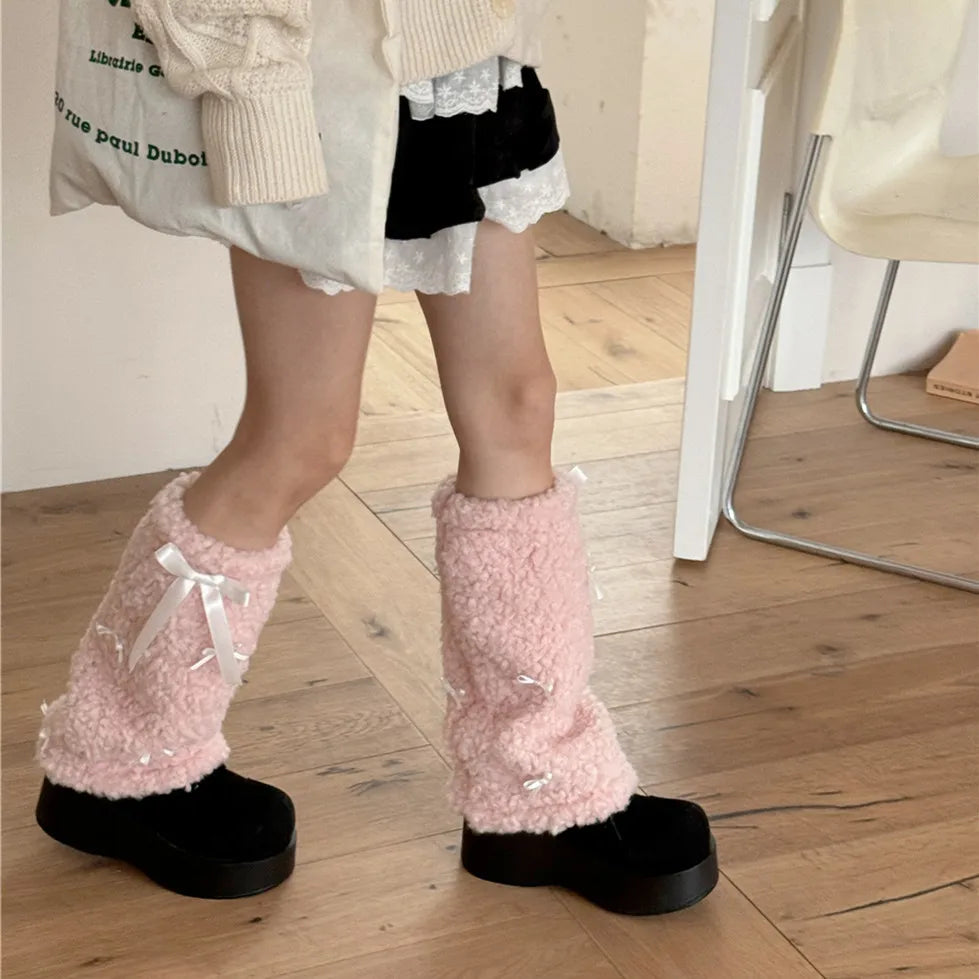 Lbsfy Y2K Women Bow Spliced Plush Leg Warmers Lambhair Boots Cover Socks Winter Thickened Jk Kawaii Punk Hiphop Cosplay Accessories
