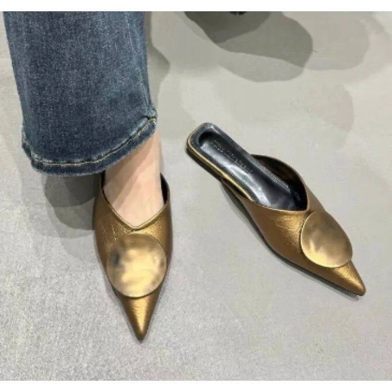 LBSFY -New Women Slippers Designer Flat Sandals Summer Slides Non-slip Metallic Color Fashion Footwear Brand Pointed Toe Mules Ladies