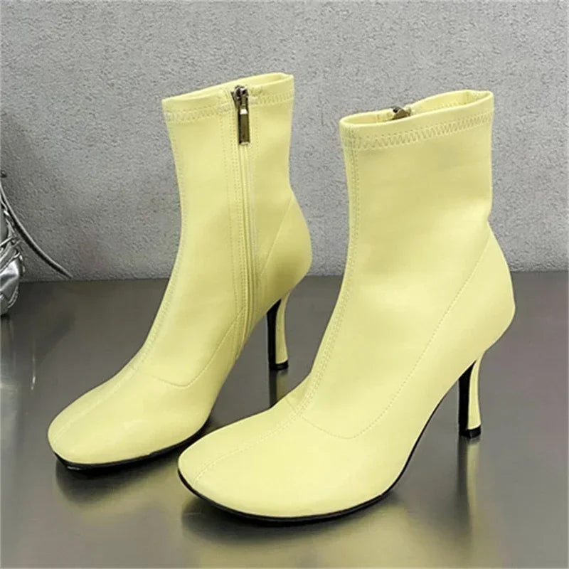 LBSFY -Spring Autumn SEXY Round Toe Women Ankle Boots Concise Thin High Heels Shoes Fashion Side Zipper Short Booties