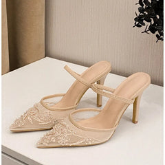 LBSFY -Luxury Brand High Heels Women Sandals Mesh Embroider Elegant Pointed Ladies Slingback Designer Party Wedding Bridal Dress Shoes