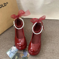 LBSFY -Mary Jane Shoes Women's Spring New Ultra-high Heel Pearl Chain with Platform Block Heel Wedding Shoes Lolita Shoes