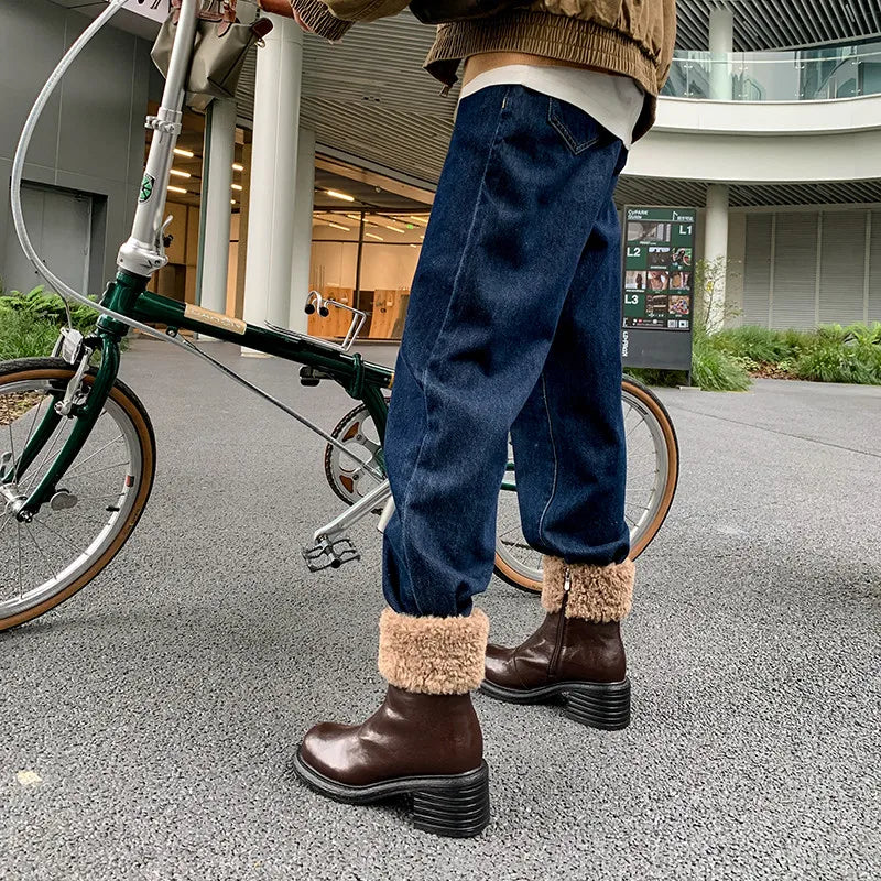 LBSFY  -  Fashion Short Boots Women's New High Quality Genuine Leather Boots Winter Warm Wool Boots Round Head High Heels Boots