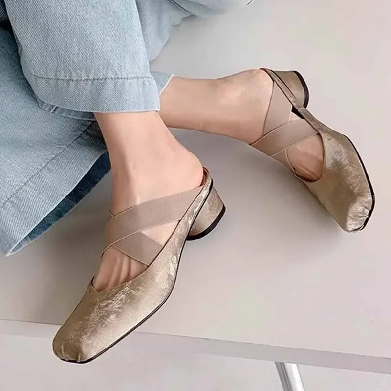 LBSFY  -  Chunky Women Slippers Ballet Shoes Sqiare Toe Fashion Mid Heels Sandals Summer New 2024 Designer Walking Dress Slingback Shoes