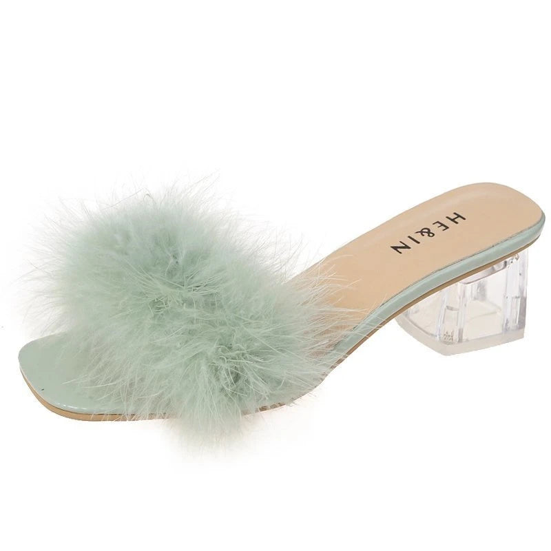 LBSFY -Fashion Slippers Women's Summer New Open Toe Plush Fox Fur Chunky with Flip Flops Sexy Home Banquet Square Toe Simple Pumps