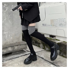 Lbsfy Socks Woman Autumn Winter Thin Warm Lolita Cute Thigh High Long Stockings Black Grey Patchwork JK Versatile Socks for Women