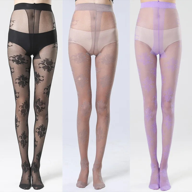 Lbsfy Feminine Mesh Jacquard Tights Summer Spring Rose Flowers JK Fishnet Pantyhose 7 Colors Woman Thin Long Black Stockings