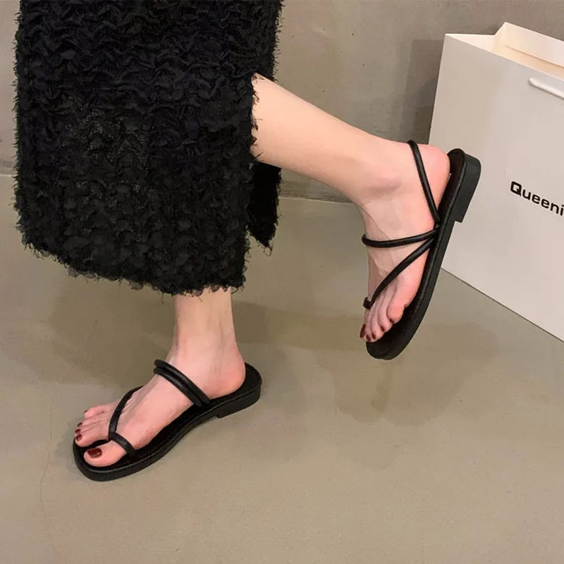 LBSFY -Summer New Brand Women Slippers Fashion Narrow Band Ladies Elegant Slides Flat Heel Outdoor Gladiator Shoes Beach Shoes